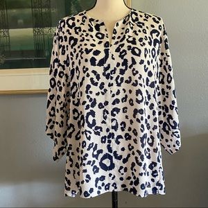T. Tahari blue leopard print blouse size L